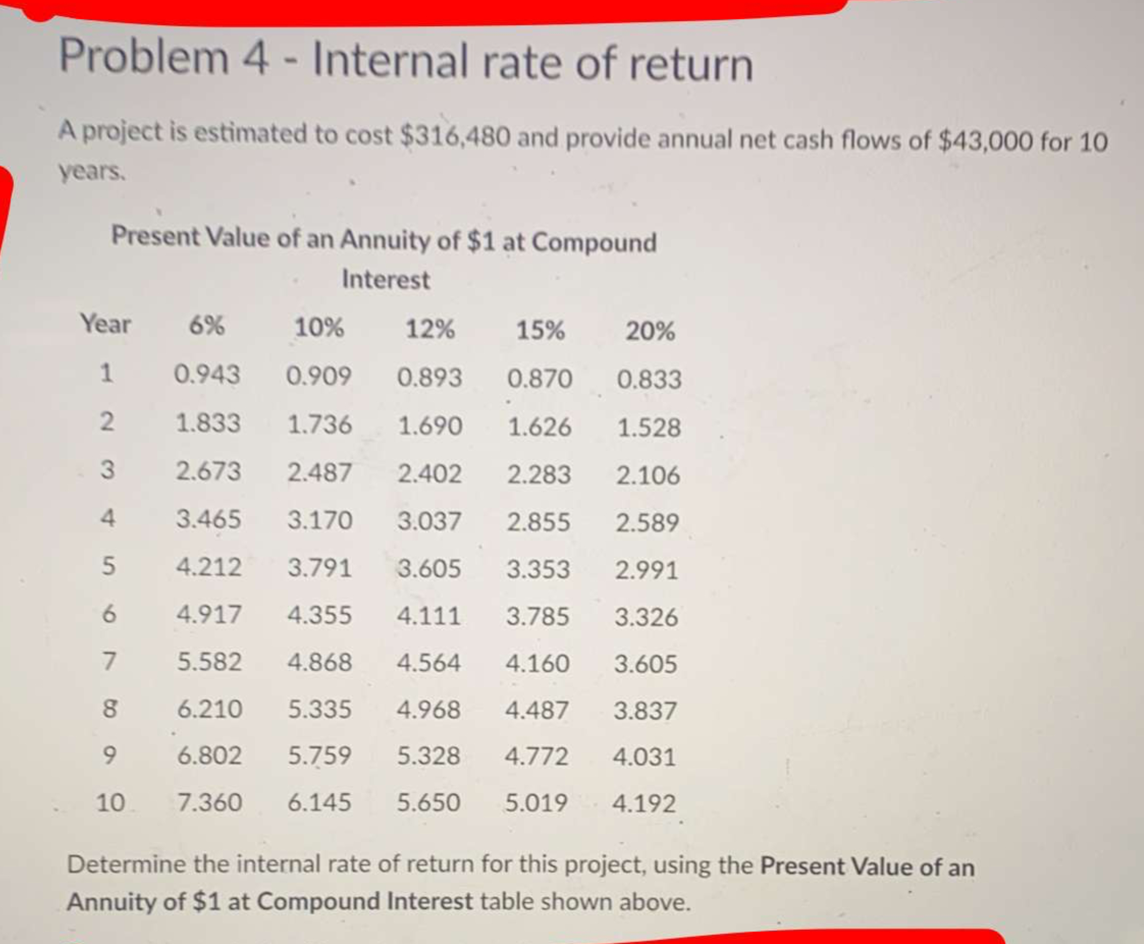  Problem 4- Internal rate of return A project is estimated to