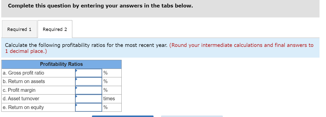 risk ratios for the most recent year. 2. Calculate the following profitability
