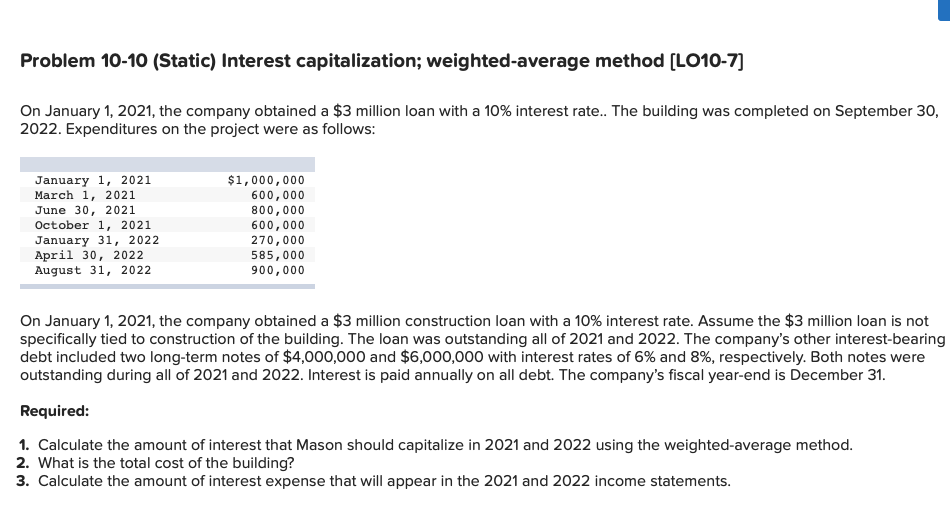  Problem 10-10 (Static) Interest capitalization; weighted average method (LO10-7] On January