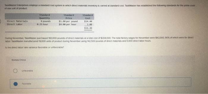  ? ? Task Master Enterprises employs a standard cost system in