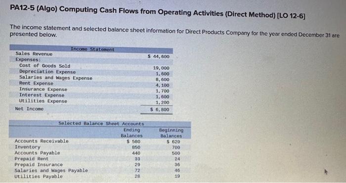  PA12-5 (Algo) Computing Cash Flows from Operating Activities (Direct Method) [LO