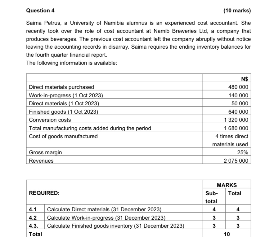  Question 4 (10 marks) Saima Petrus, a University of Namibia alumnus