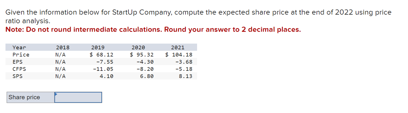 Given the information below for StartUp Company, compute the expected share