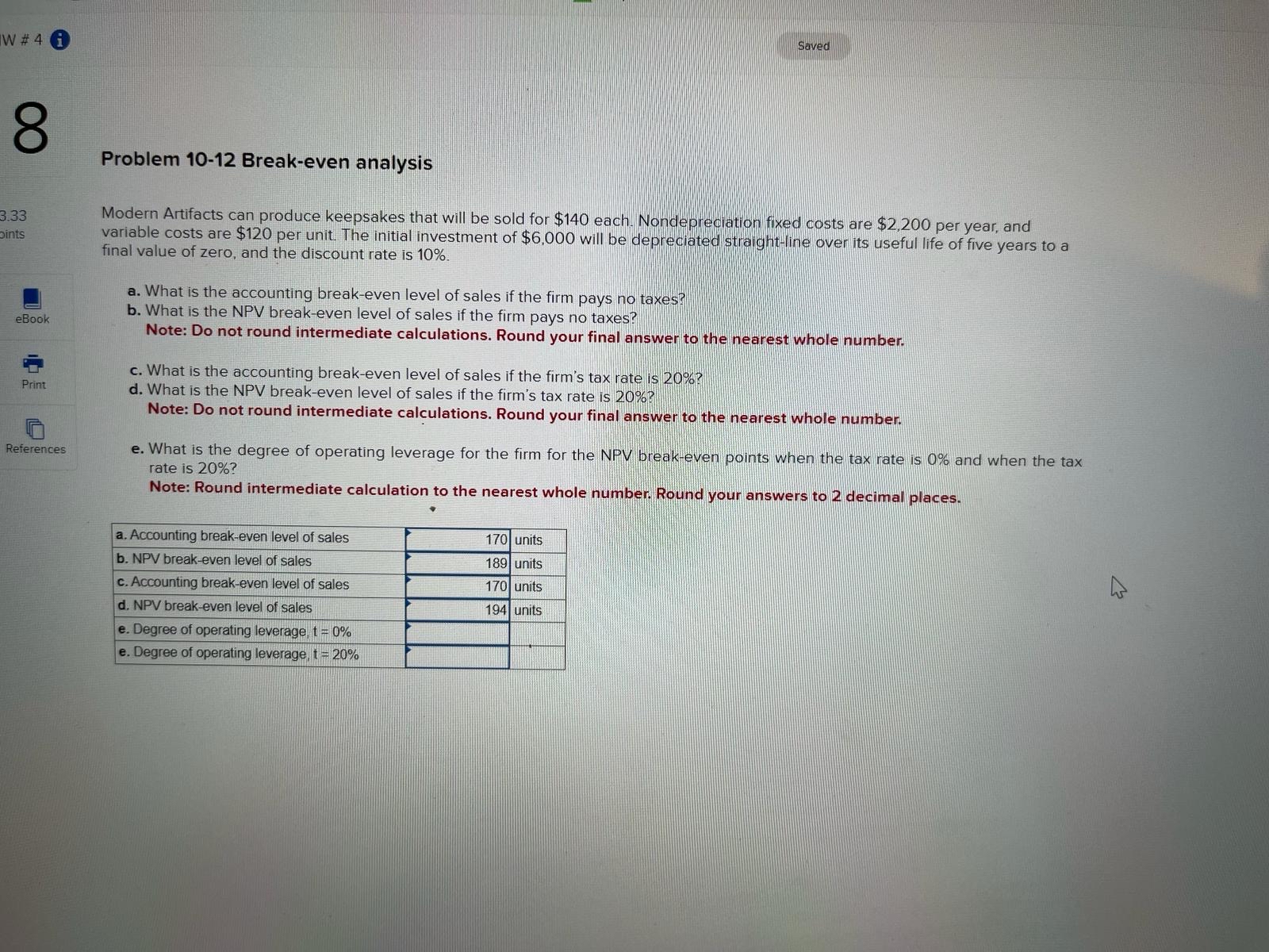  W # 4( Saved Problem 10-12 Break-even analysis Modern Artifacts can