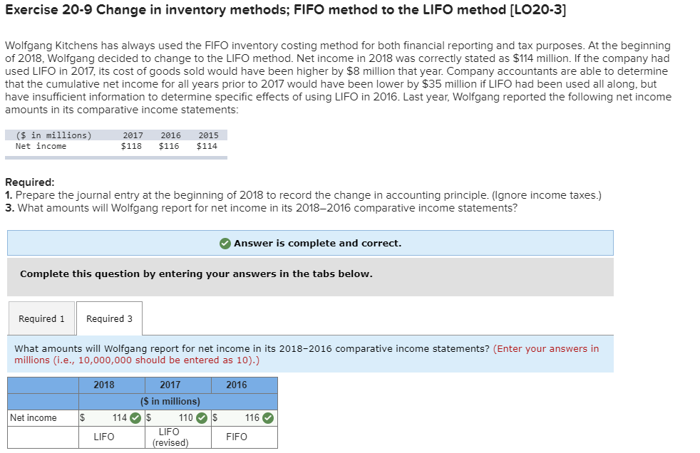 Why is 2017 $110 Exercise 20-9 Change in inventory methods; FIFO