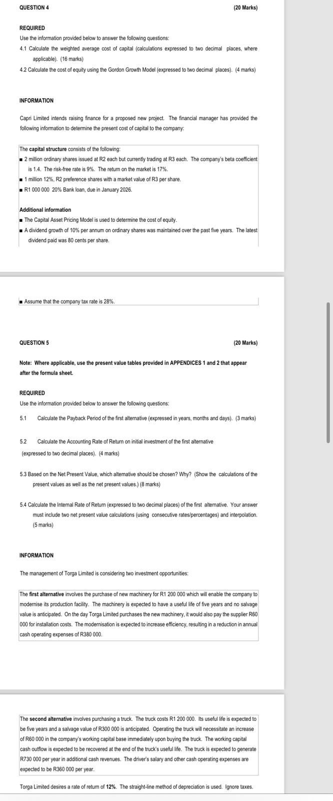  QUESTION 4 (20 Marks) REQUIRED Use the information provided below to