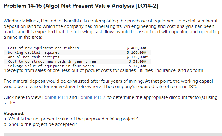  Problem 14-16 (Algo) Net Present Value Analysis (LO14-2] Windhoek Mines, Limited,