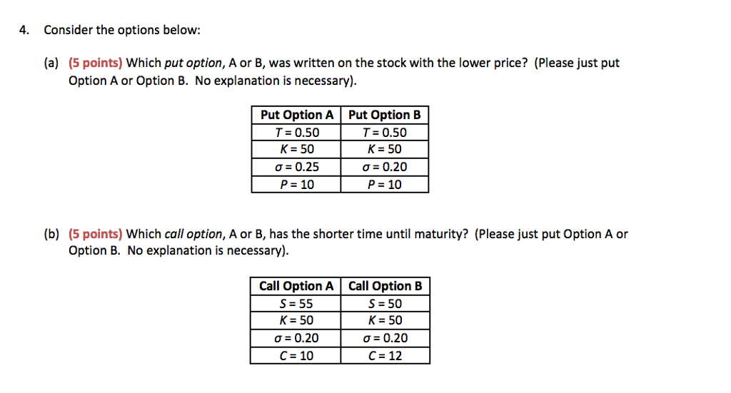  4. Consider the options below: (a) 5 points) Which put option,