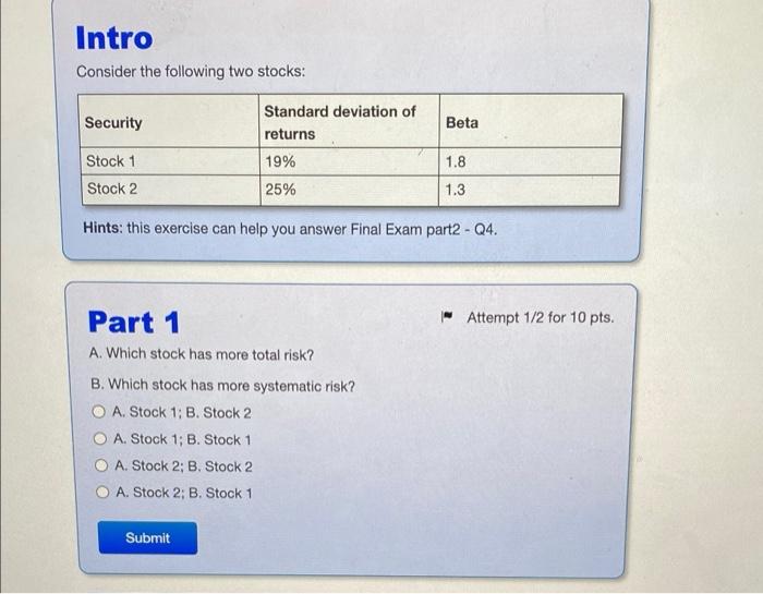  Intro Consider the following two stocks: Security Beta Standard deviation of