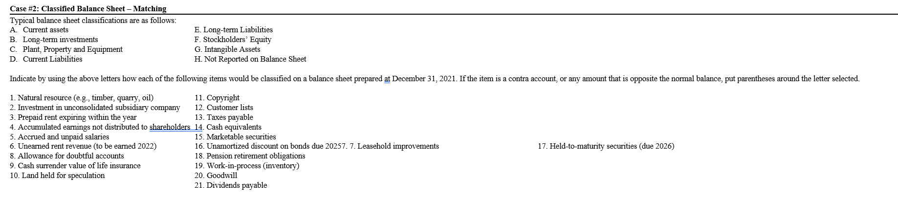 Typical balance sheet classifications are as follows: A. Current assets E.