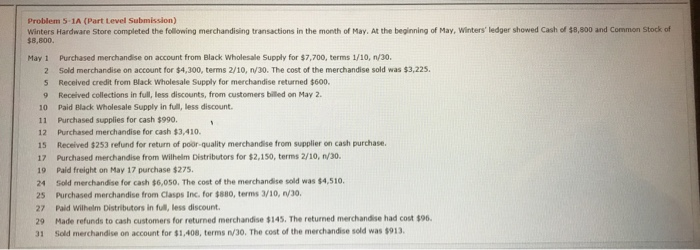  Problem 5-1A (Part Level Submission) Winters Hardware Store completed the following