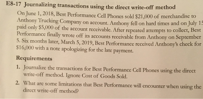 E8-17 Journalizing transactions using the direct write-off method On June 1,