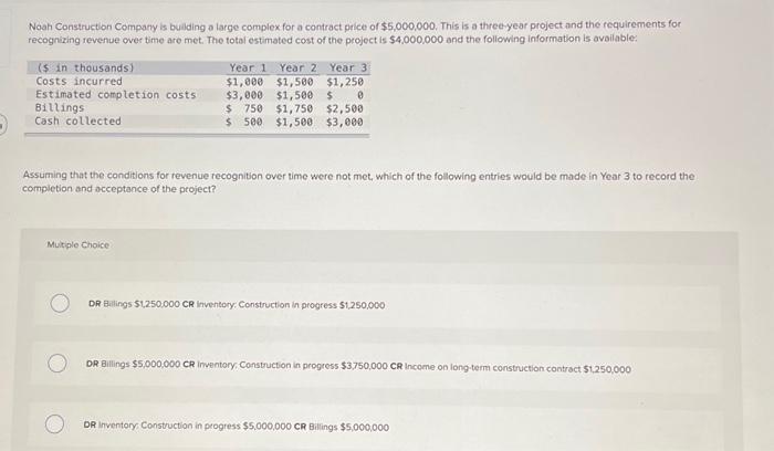  Noah Construction Company is buiding a large complex for a contract