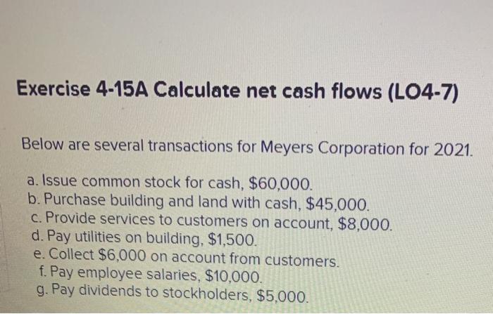  Exercise 4-15A Calculate net cash flows (LO4-7) Below are several transactions