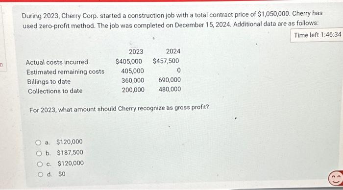  During 2023, Cherry Corp. started a construction job with a total