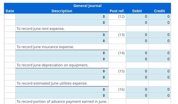 & 0 \\ \hline & To record June rent expense. & &