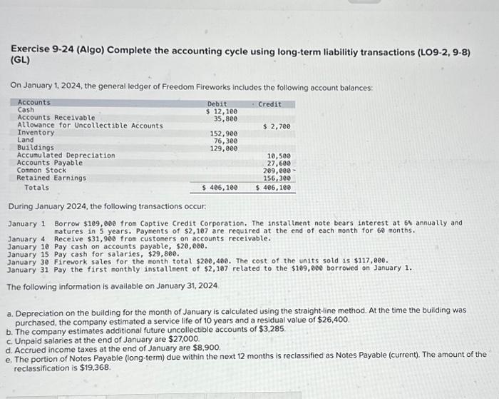  Exercise 9-24 (Algo) Complete the accounting cycle using long-term liabilitiy transactions
