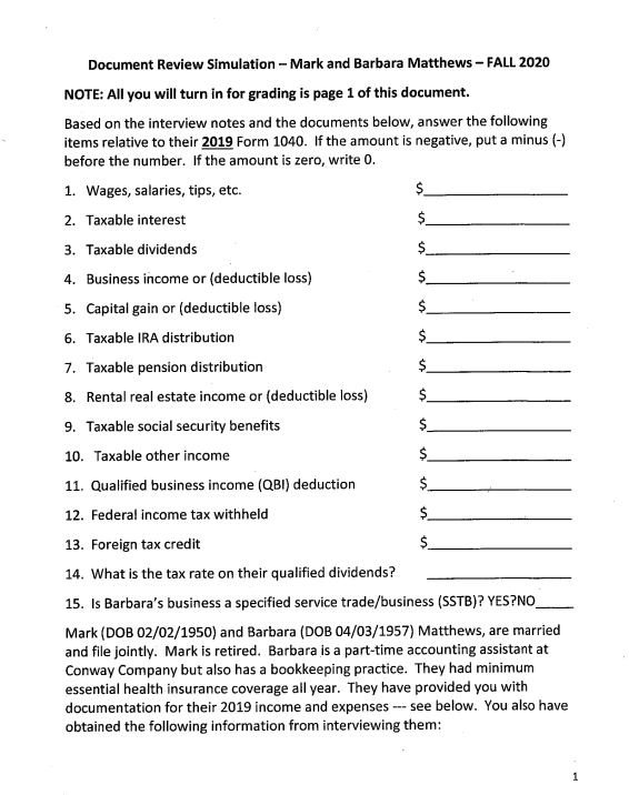  $ $ Document Review Simulation - Mark and Barbara Matthews -