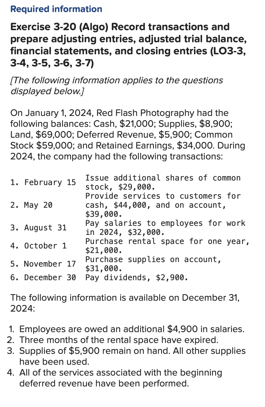  Required information Exercise 3-20(Algo) Record transactions and prepare adjusting entries, adjusted