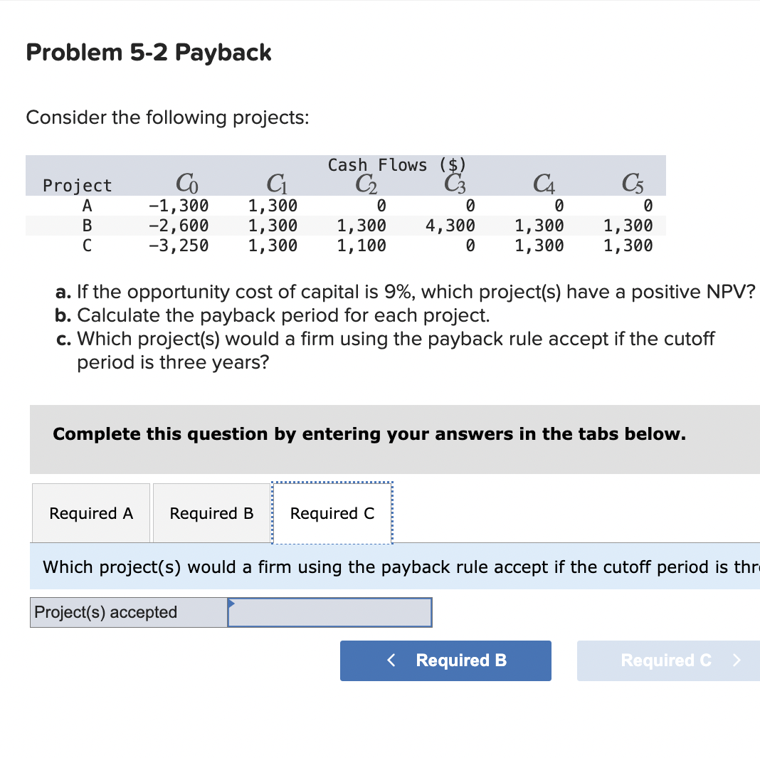 Problem 5-2 Payback Consider the following projects: Cash Flows ( Proj ect