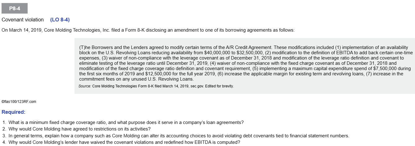 Covenant violation (LO 84) On March 14, 2019, Core Molding Technologies, Inc.