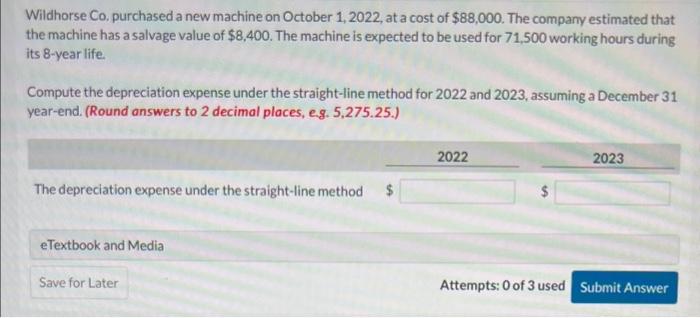  Wildhorse Co. purchased a new machine on October 1, 2022, at