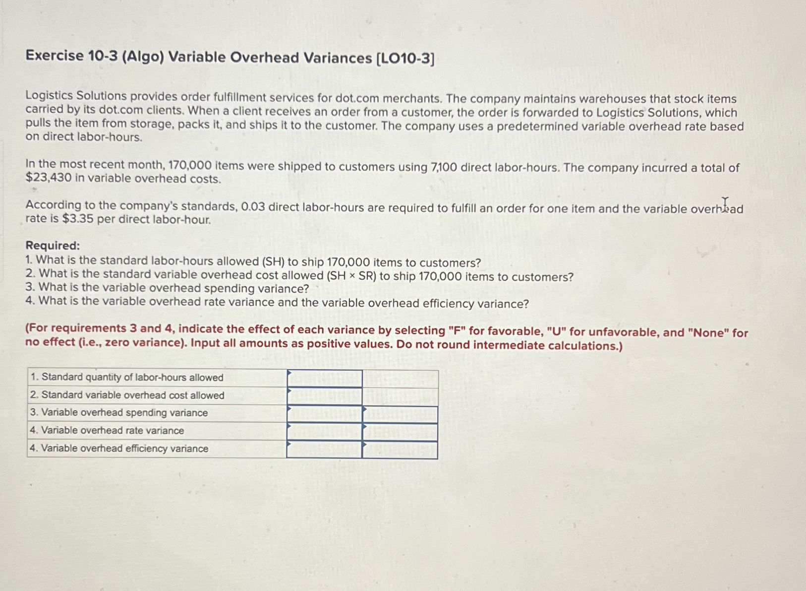  Exercise 10-3(Algo) Variable Overhead Variances [L010-3] Logistics Solutions provides order fulfillment