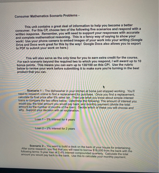  Consumer Mathematics Scenario Problems - This unit contains a great deal