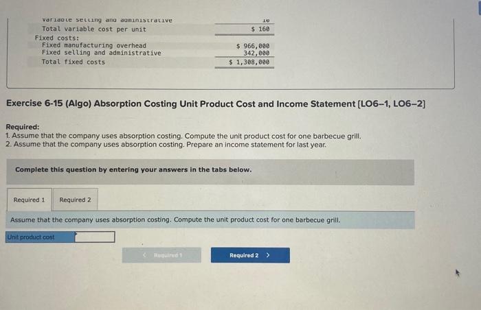 Data for last year's operations follow: Exercise 6-15 (Algo) Absorption Costing Unit