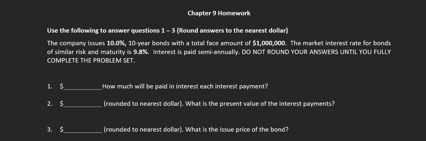  Chapter 9 Homework Use the following to answer questions 1 -