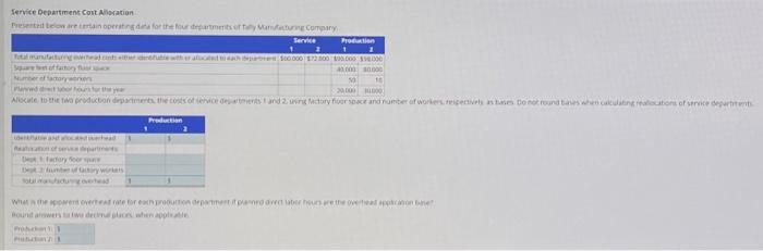  Service Department Cost Allocation Presented below are certain operating data for