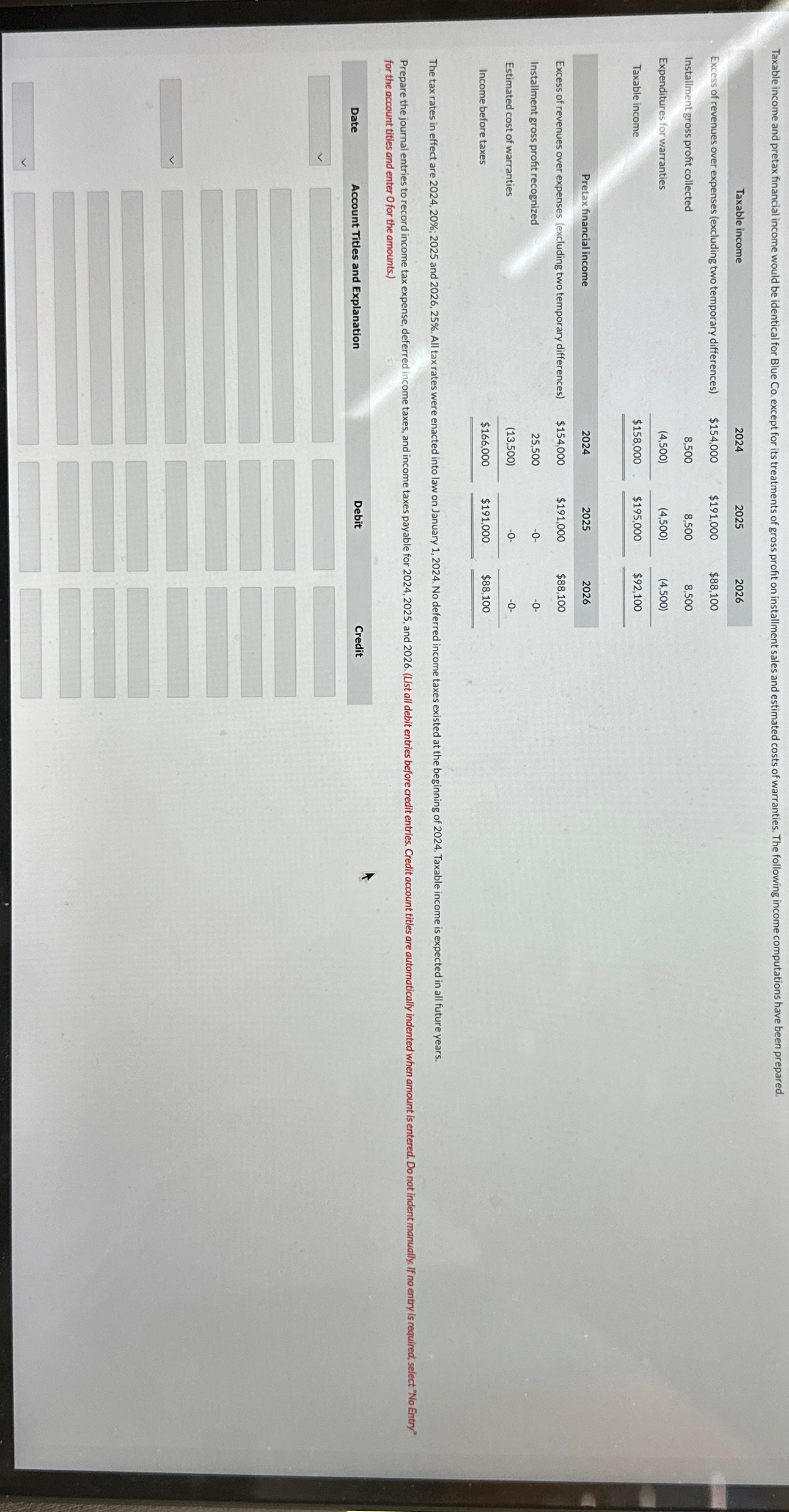  \table[[Taxable income,2024,2025,2026],[Excess of revenues over expenses (excluding two temporary differences),$154,000,$191,000,$88,100 