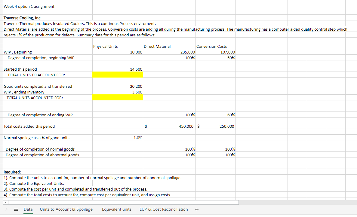 Production Weighted eqivalent units Week 4 option 1 assignment Traverse Cooling, Inc.
