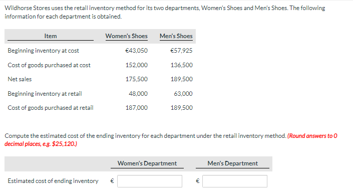  Wildhorse Stores uses the retail inventory method for its two departments,