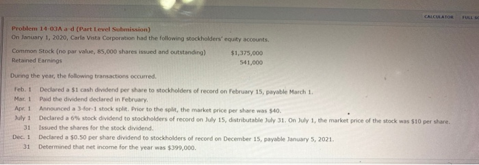  CALCULATOR FULL SE Problem 14-03A a-d (Part Level Submission) On January