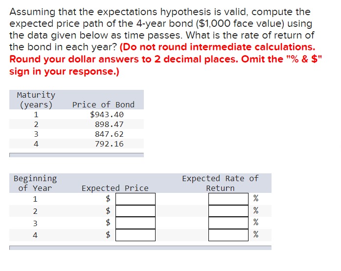  Assuming that the expectations hypothesis is valid, compute the expected price