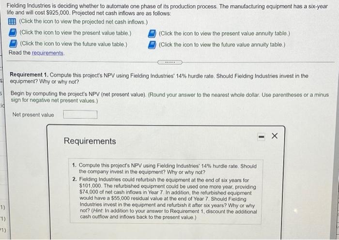  net cash flows present value future value Fielding Industries is deciding