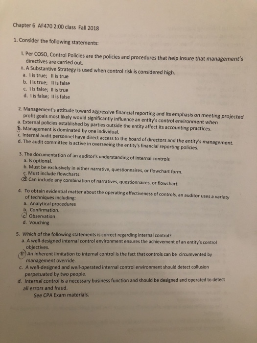  Chapter 6 AF470 2:00 class Fall 2018 1. Consider the following
