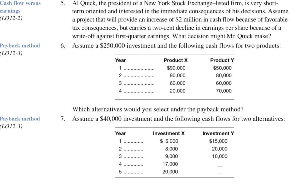 Cash flow versus earnings (1012-2) Payback method (1-012-3) Payback method (L012-3) 5