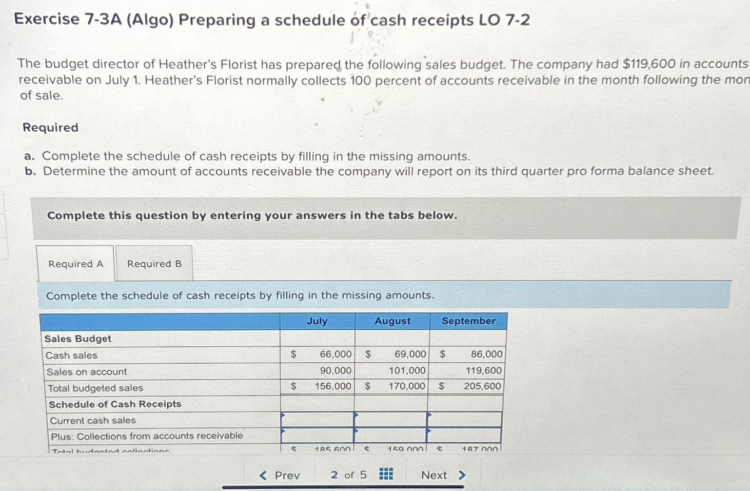  Exercise 7-3A (Algo) Preparing a schedule of cash receipts LO7-2 The