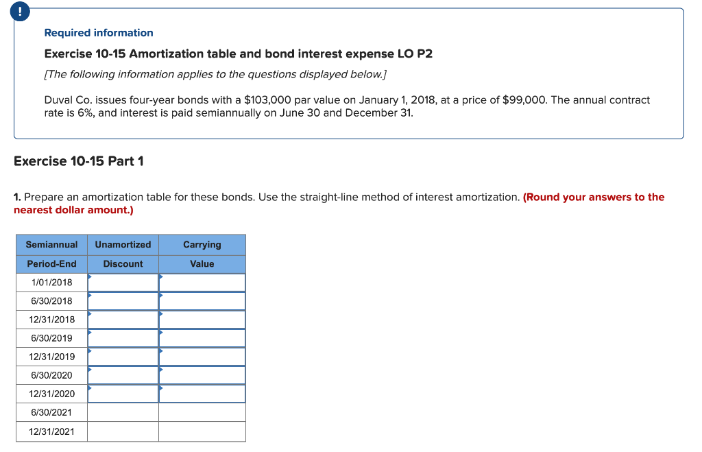 Required information Exercise 10-15 Amortization table and bond interest expense LO