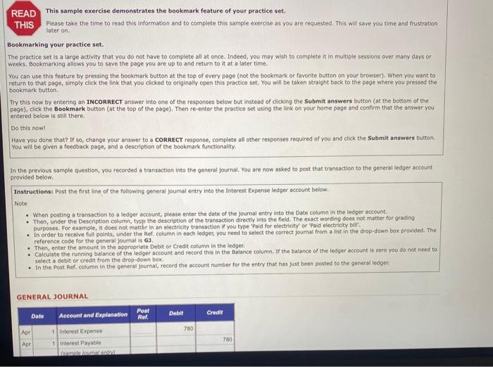  This sample exercise demonstrates the bookmark feature of your practice set.