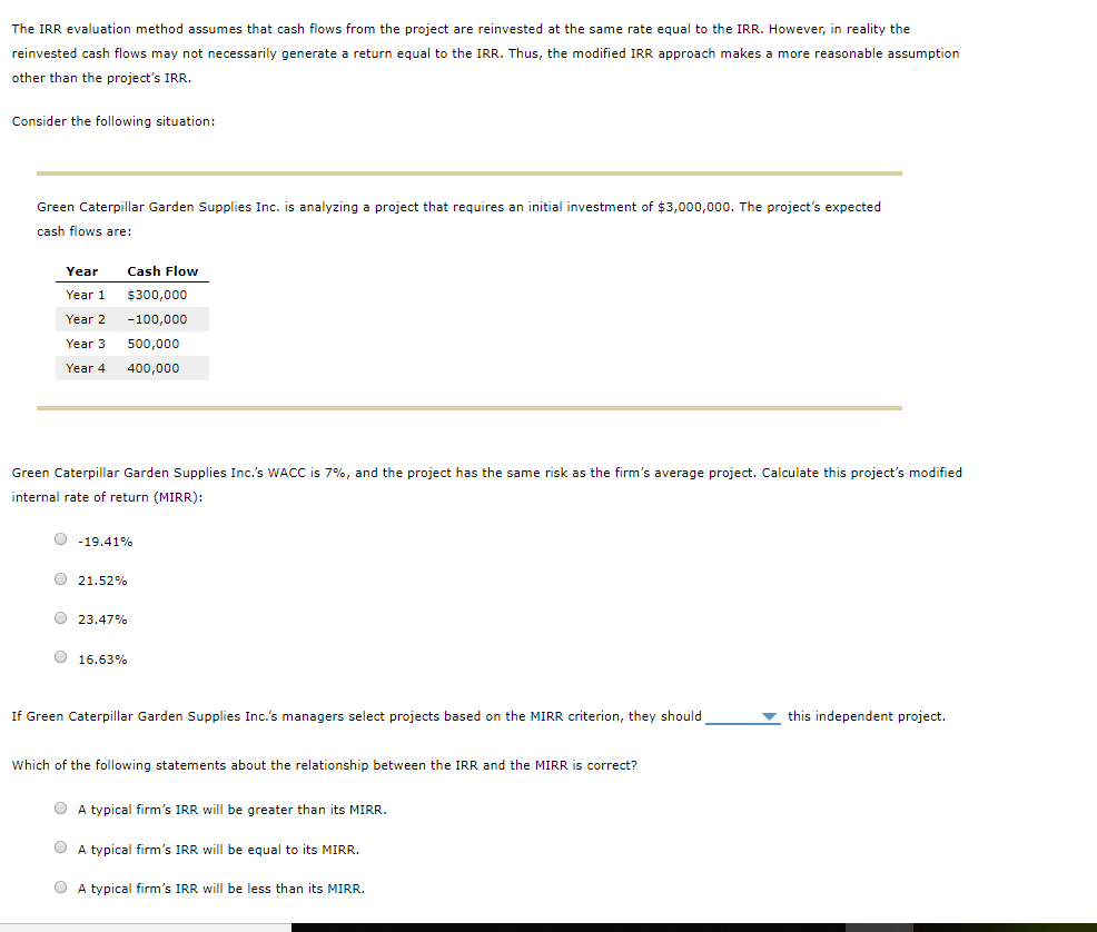  The IRR evaluation method assumes that cash flows from the project