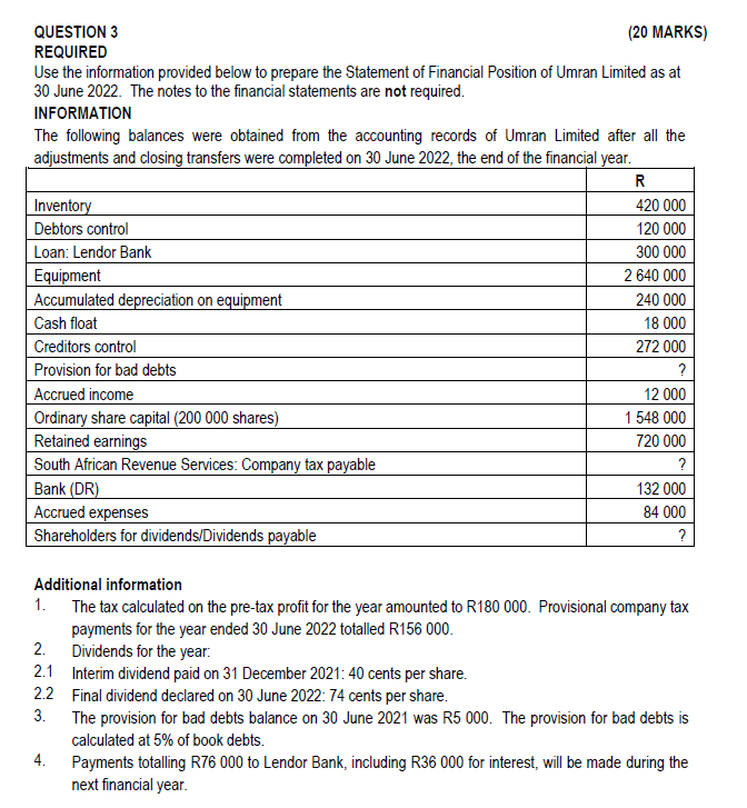  QUESTION 3 (20 MARKS) REQUIRED Use the information provided below to