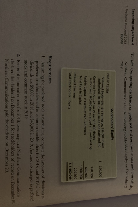  Learning Objective 4 E13-27 Computing dividends on preferred an 1. Preferred