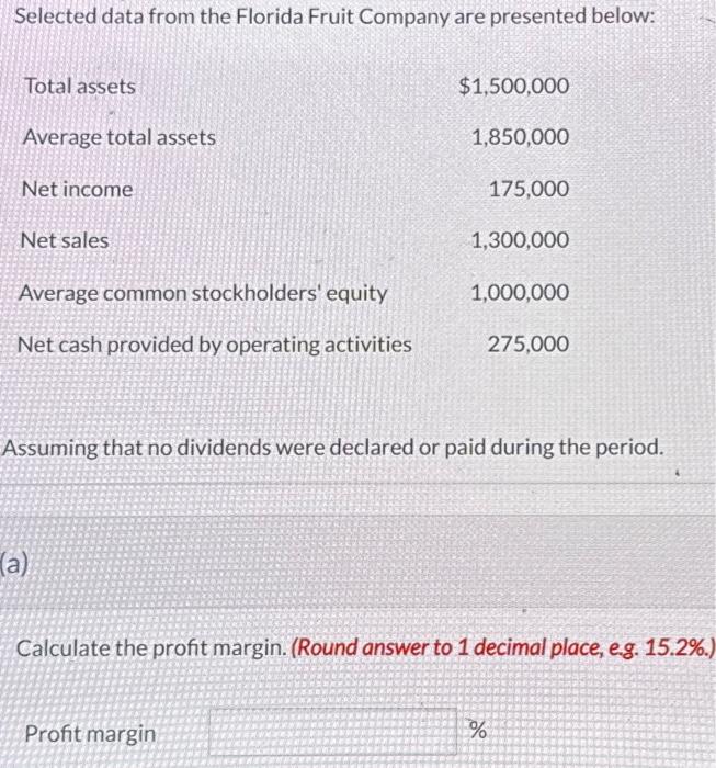 Selected data from the Florida Fruit Company are presented below: Total