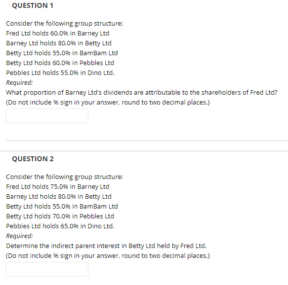  QUESTION 1 Consider the following group structure: Fred Ltd holds 60.0%