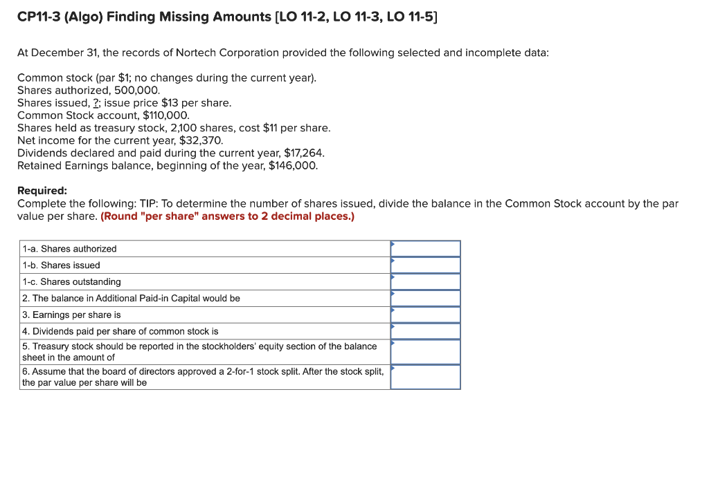  CP11-3 (Algo) Finding Missing Amounts [LO 11-2, LO 11-3, LO 11-5]