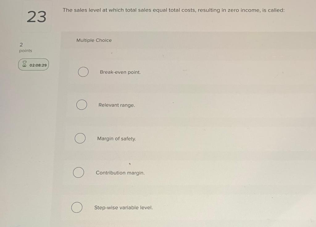 levels affect profit is: 22 Multiple Choice 2 points 02:09:18 Variance analysis.