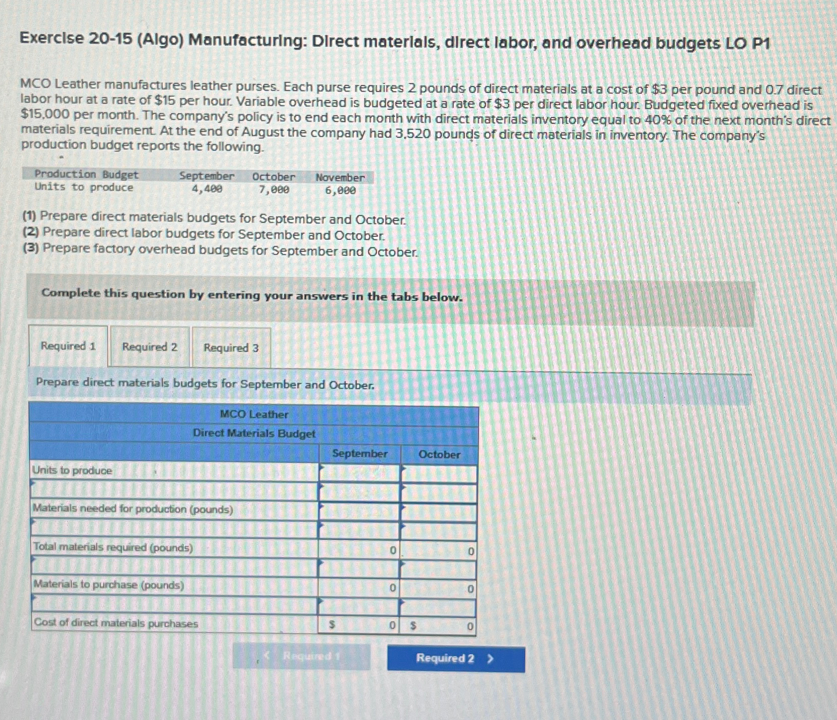 Exerclse 20-15(Algo) Manufacturing: Direct materlals, dlrect labor, and overhead budgets LO